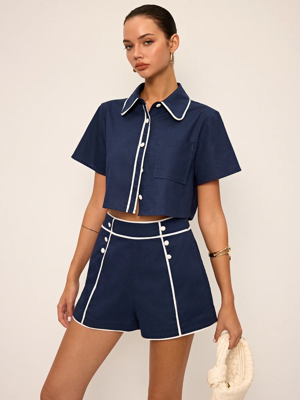 034. Commense S Contrast Piping Crop Shirt and Shorts Set